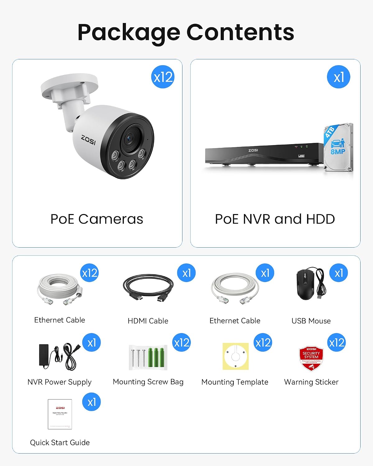 ZOSI 16CH 4K PoE Security Camera System,Person Vehicle Detection,People Counting,One-Way Audio,100ft Night Vision,12pcs 8MP Outdoor Indoor Cameras,16Port 32-Channel NVR with 4TB HDD for 24/7 Recording