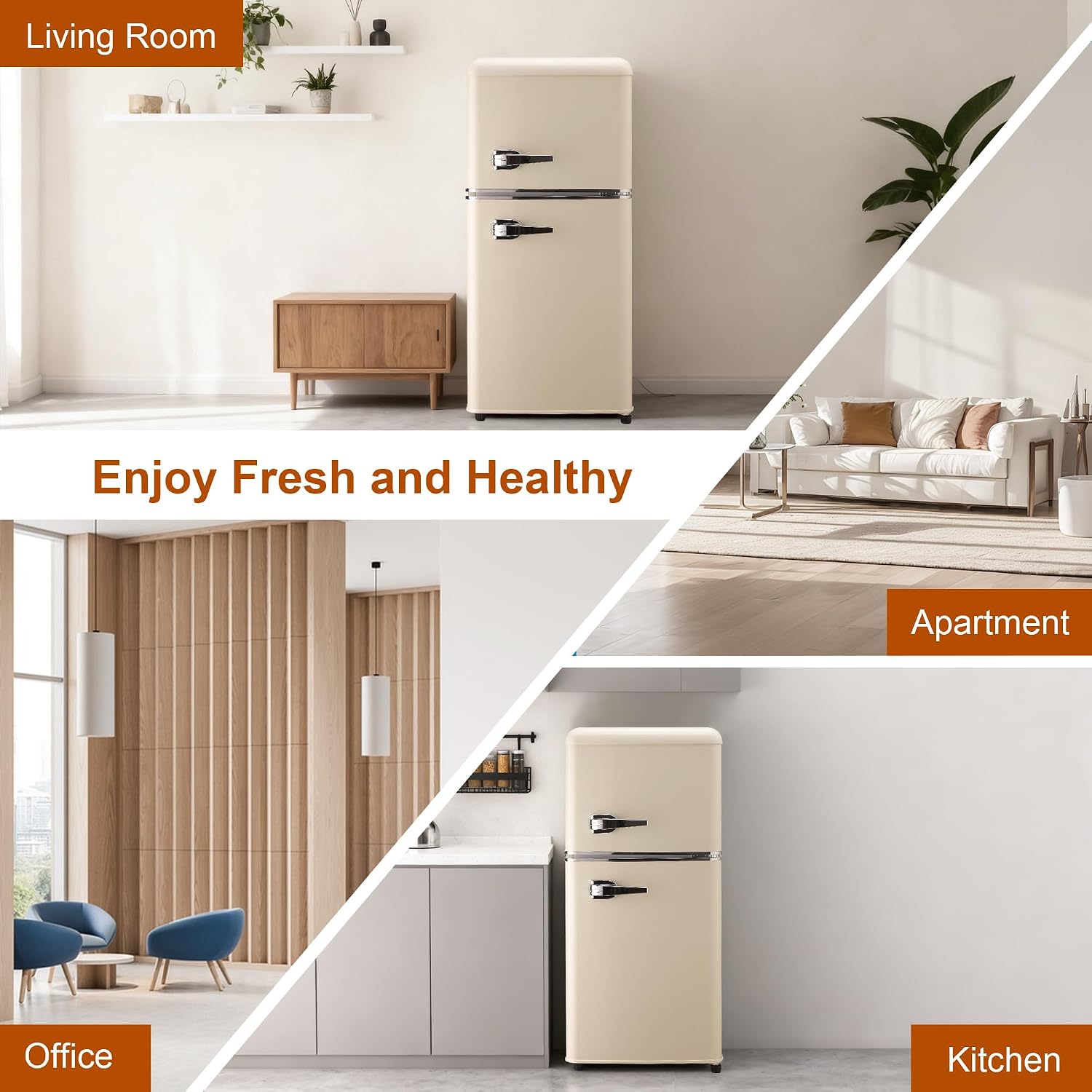 Retro Mini Fridge with Freezer 3.5 Cu. Ft, Small Refrigerator with 7 Level Adjustable Thermostat, Compact Classic Dual Door Fridge Removable Glass Shelves for Apartments, Dorm, Office, Cream