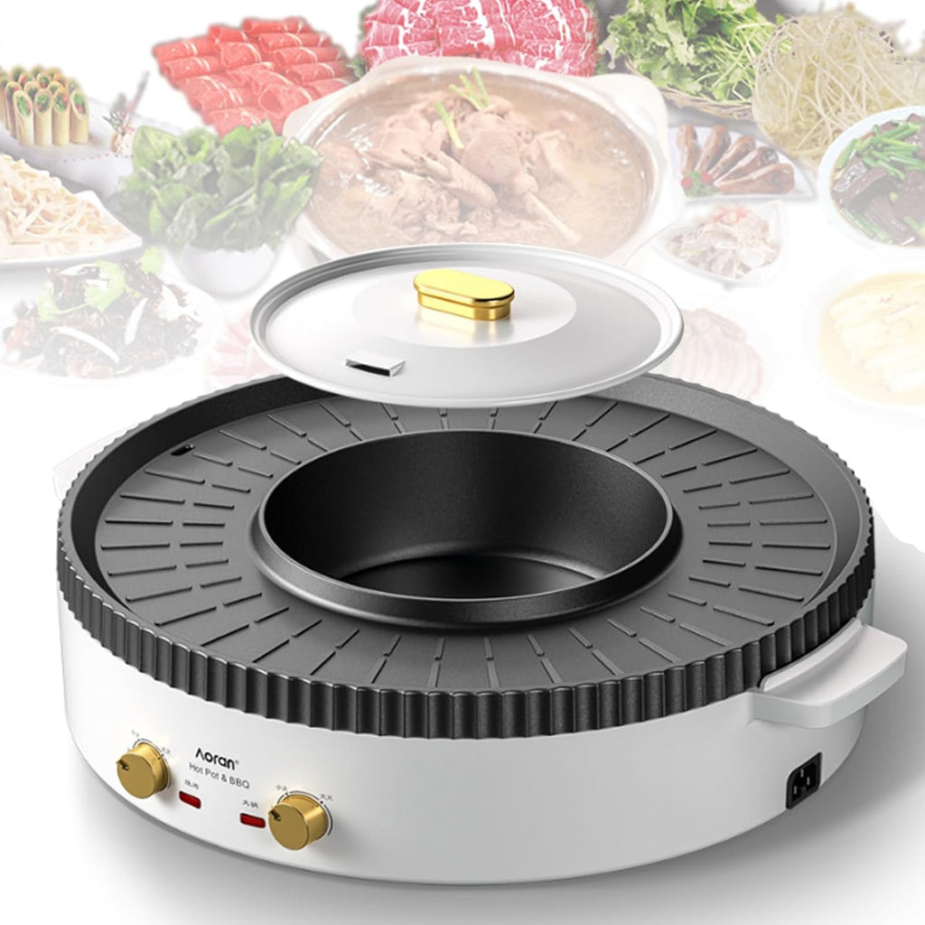 Household Electric Hot Pot with Grill, Teppanyaki Grill Pot and BBQ Pan, Independent Temperature Control, Non-stick Coating, Easy to Clean, For 3-12 People to Enjoy, 1700 W,B