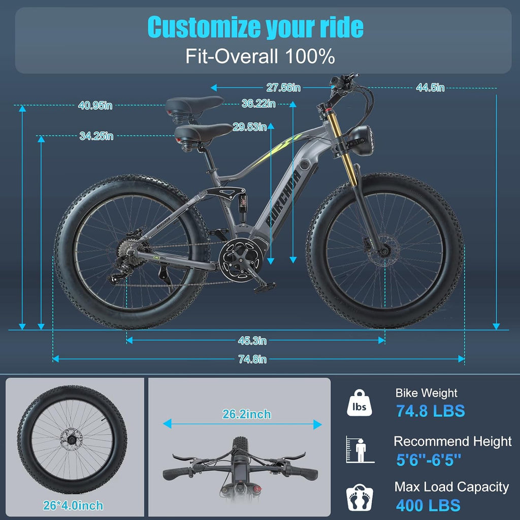 Electric Bike for Adults with 1500W Peak Motor 30 MPH & 65 Miles /130 Miles Long Range Fast E Dirt Bike, 48V 40Ah/20Ah Removable Battery, Full Suspension 26' Fat Tire Mountain Bike