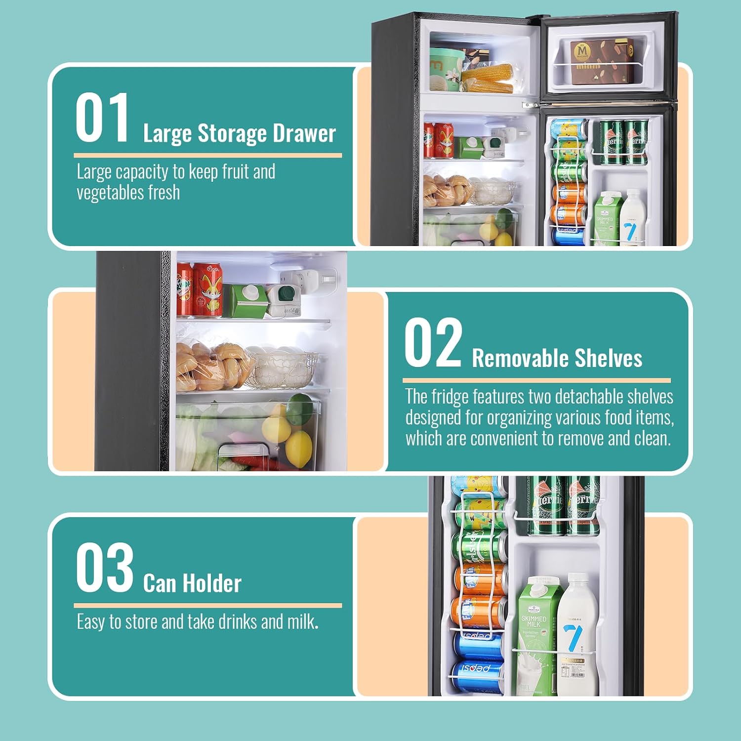 WANAI 3.5 Cu.Ft Mini Fridge with Freezer, Compact Refrigerator for Office, Dorm, Apartment, 7-Level Adjustable Thermostat, 2 Removable Shelves and Bakset, Small Fridge in Dark Gray