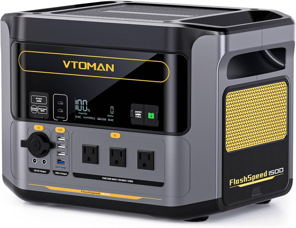 VTOMAN FlashSpeed 1500 Portable Power Station 1548Wh - Recharge 0-100% within 1H, LiFePO4 Battery Powered Solar Generator with 110V/1500W AC Output/Input, 100W USB Port for Camping, Emergency