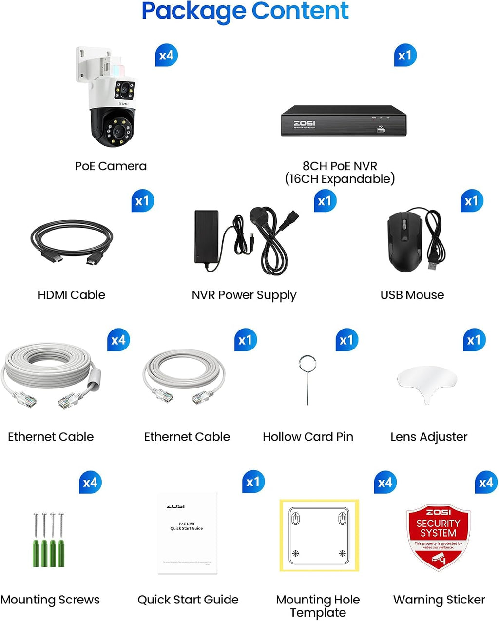 ZOSI 4K Dual-Lens PoE Security Camera System, 4 x 4K 8MP Pan/Tilt (2x4MP) PoE 360 Camera Outdoor, Person/Vehicle Detect, Spotlight Siren, Color Night Vision, 8CH 8MP NVR with 2TB HDD (16CH Expandable)