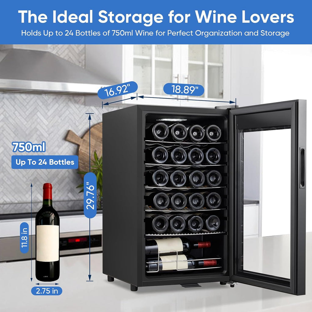 ORYMUSE 24 Bottle Wine Cooler, Freestanding Compressor Wine Fridge with Lock, Slim & Narrow Wine Refrigerator (16.9' W), 41°F–64°F Digital Temperature Control for Red, White & Champagne – Black