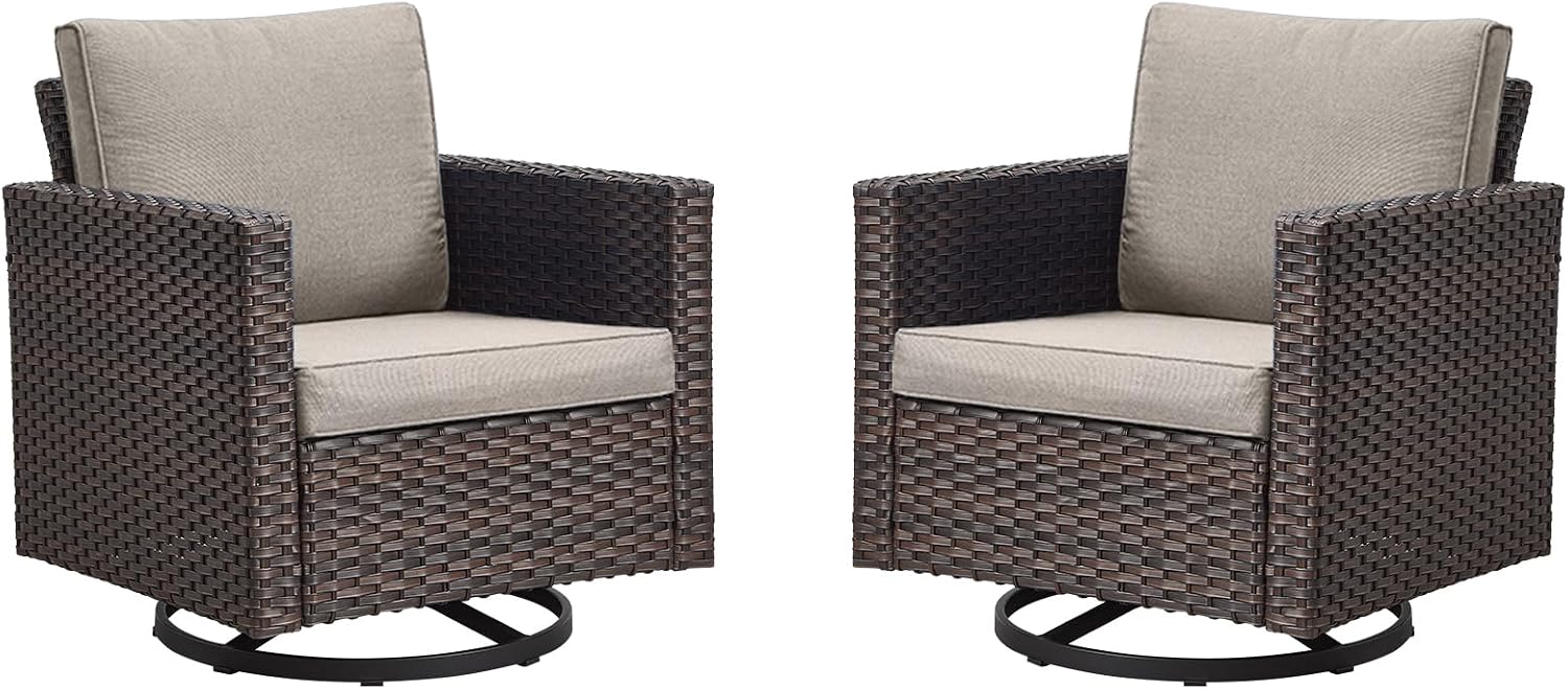 Luxury Outdoor Patio Swivel Rocker Chairs - Wicker Patio Swivel Rocking Chairs Set of 2 with Waterproof Wicker,Comfortable Cushions and Sturdy Metal Frame for Outside Porch Deck Backyard(Brown/Grey)