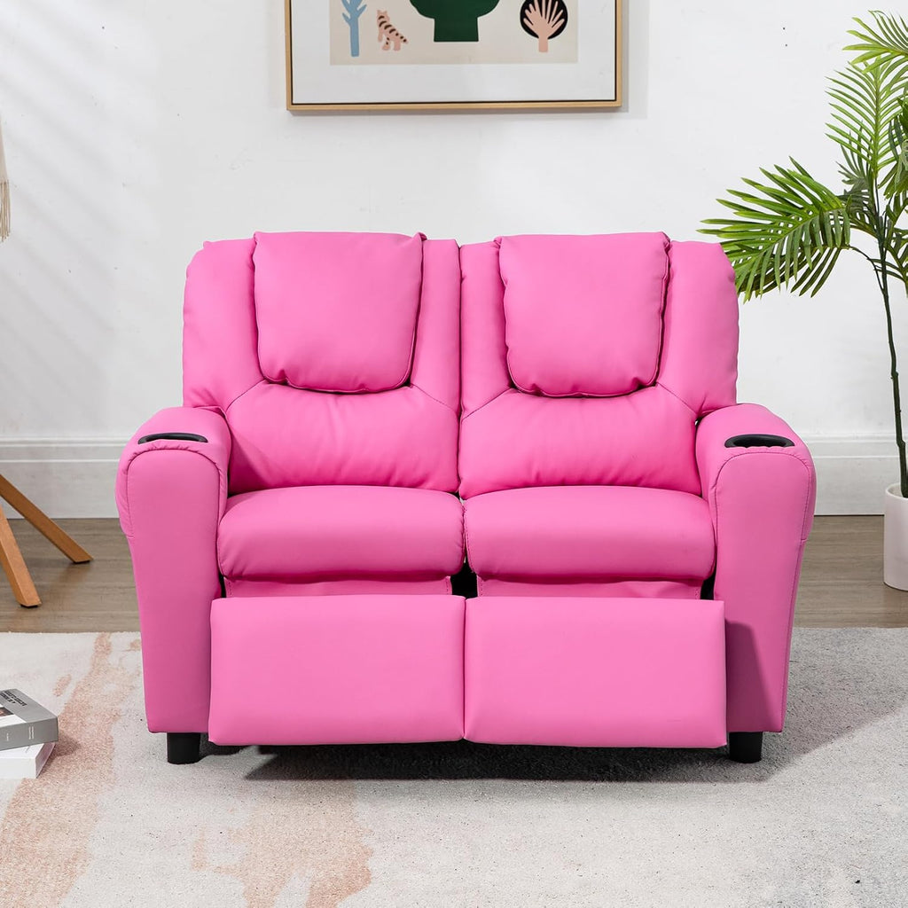 AVAWING Kids Recliner Chair, Double Kids Sofa Chair w/Cup Holder PU Leather, Toddler Loveseat Couch w/Adjustable Footrest & Headrest for Boys Girls 3+ Age Group, Pink