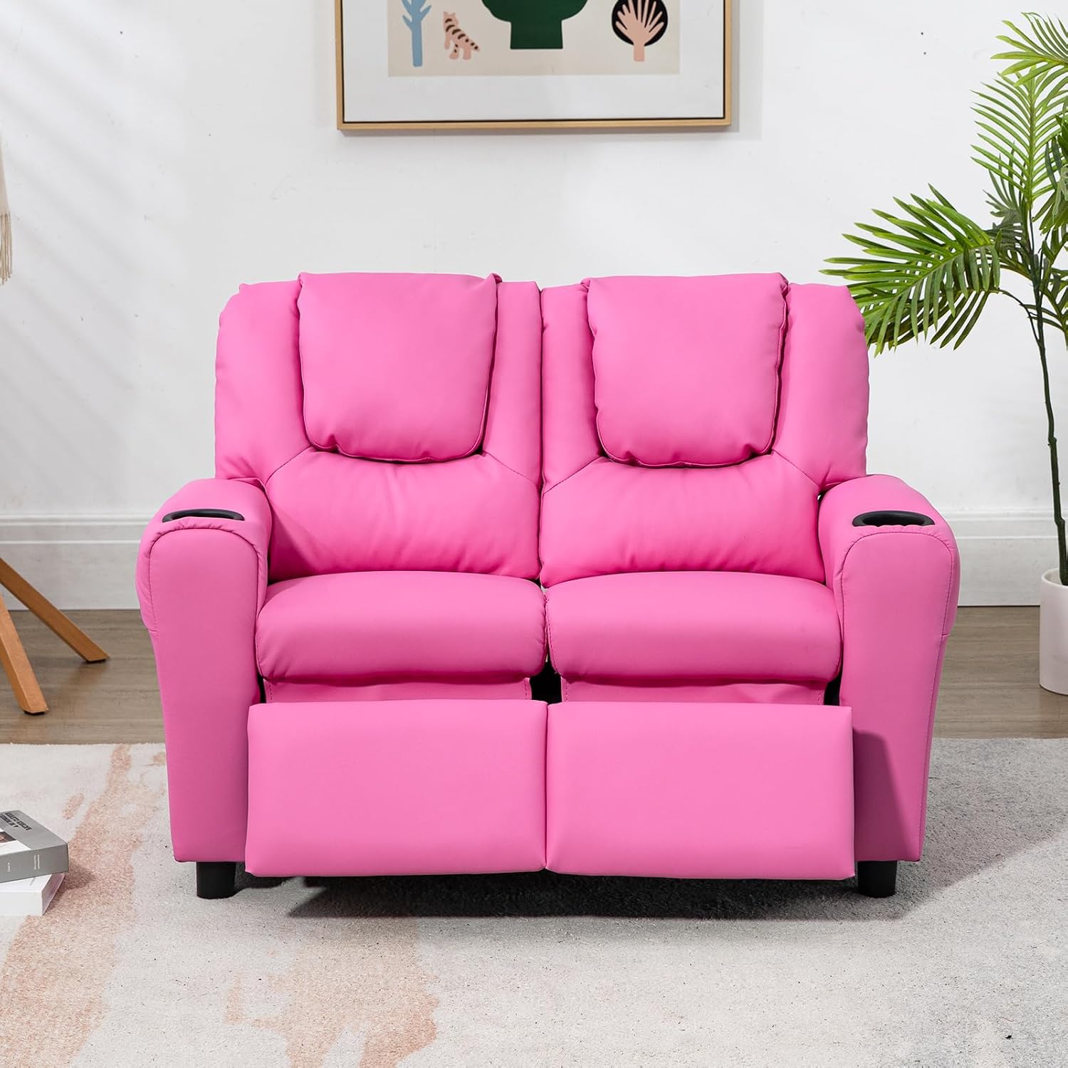 AVAWING Kids Recliner Chair, Double Kids Sofa Chair w/Cup Holder PU Leather, Toddler Loveseat Couch w/Adjustable Footrest & Headrest for Boys Girls 3+ Age Group, Pink