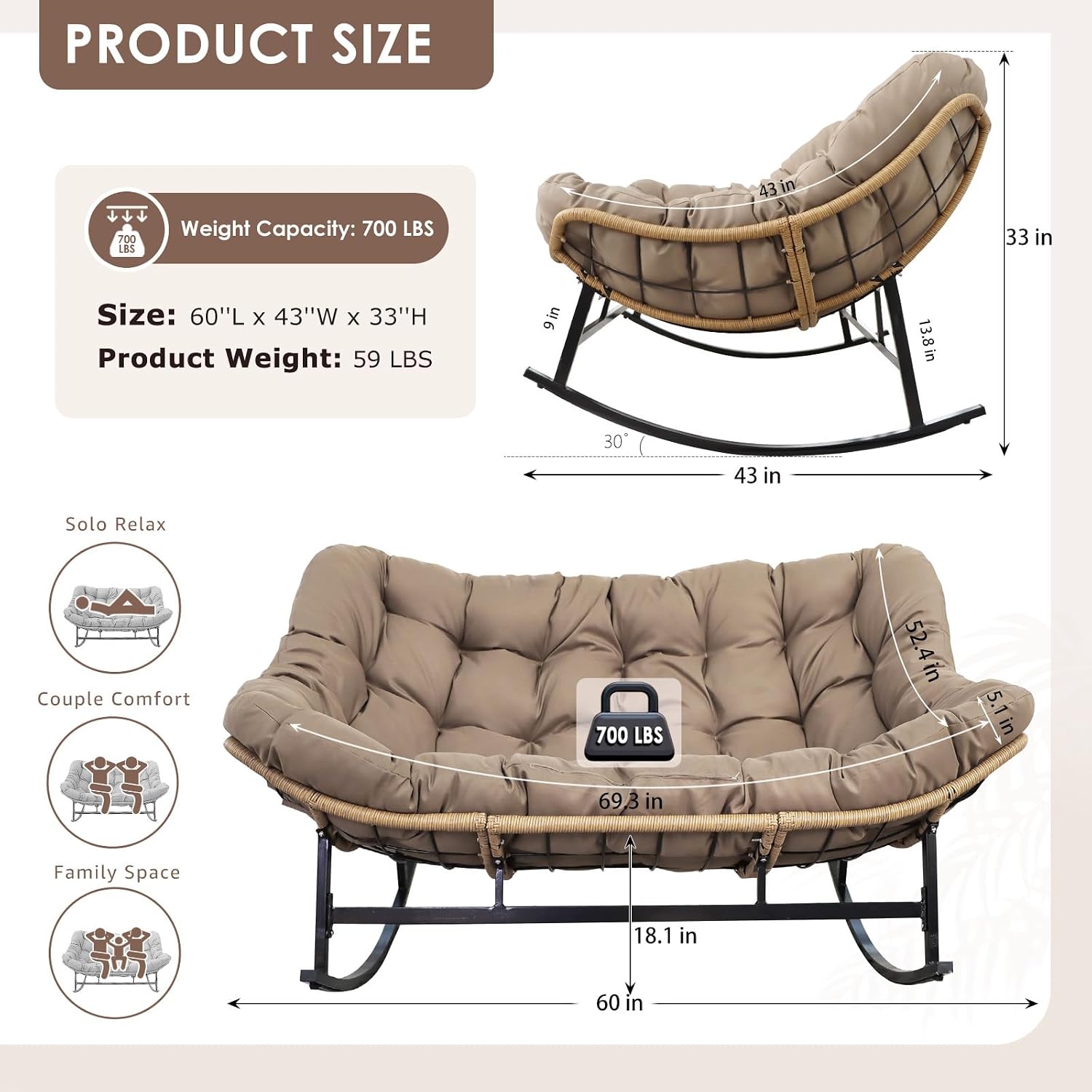 RADIATA Oversized Double Rocking Papasan Chair, Extra Wide Patio Rocker for 2 Adults, PE Wicker Egg Chair with Cushion, Heavy Duty Comfortable Outdoor Furniture for Garden, Balcony or Sunroom