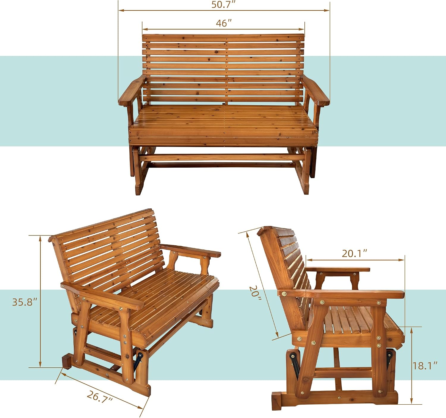 Fortune Candy Wooden Patio Glider with High Roll Back and Deep Contoured Seat, Solid Fir Wood, 2-Seater, Heavy Duty 800 LBS, 4 Ft. (PU Brown)