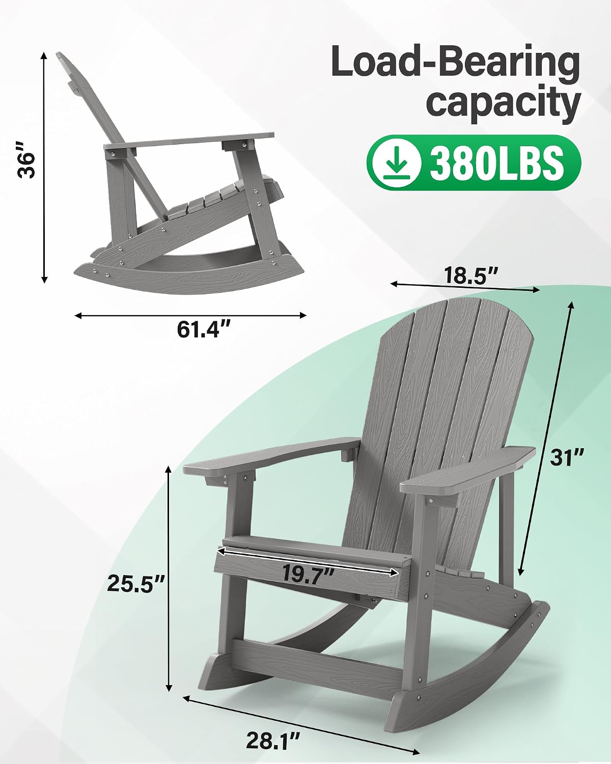 YEFU Outdoor Rocking Chair,Adirondack Rocking Chair,Patio Rocker Chair with Wide Back,Oversized Rocker Chair Look Like Real Wood, for Lawn, Porch, Backyard, Indoor and Garden(Grey)