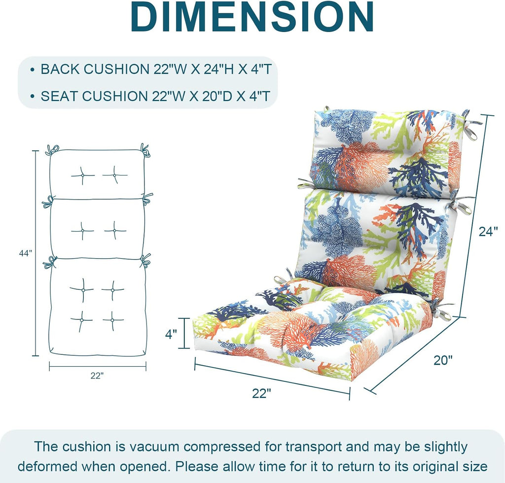 DYTXIII Outdoor High Back Chair Cushions Set of 2, Water Repellent Tufted Rocking Seat Cushions Replacement 44 x 22 Inch, Seat & Back Chair Pads for Patio, Balcony and Indoor Use -Coral Multi