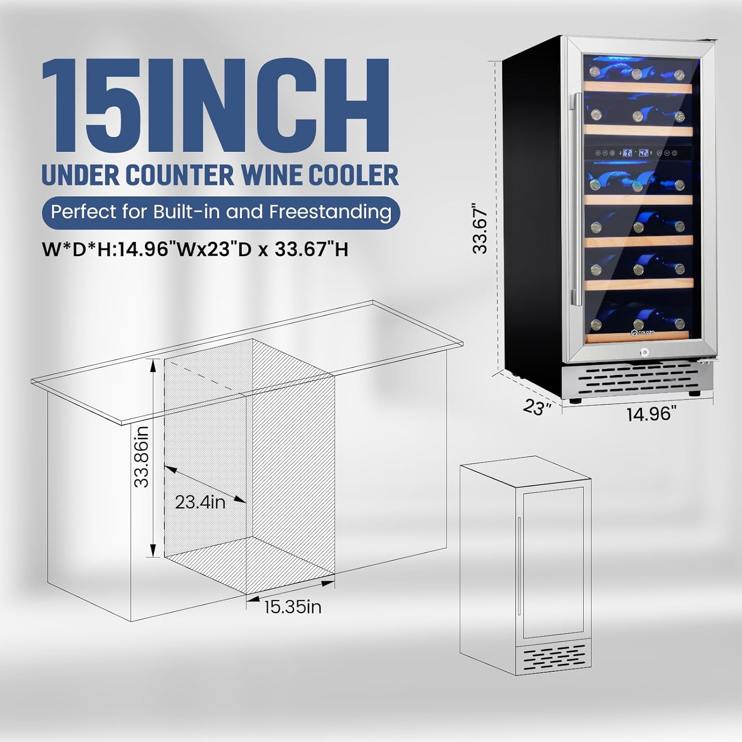 15 Inch Wine Cooler Refrigerator Under Counter, 28 Bottle Dual Zone Wine Fridge, Stainless Steel Built-in/Freestanding Wine Cooler, 40-65°F Tempered Glass Door/Temperature Memory Fit Red & White Wine