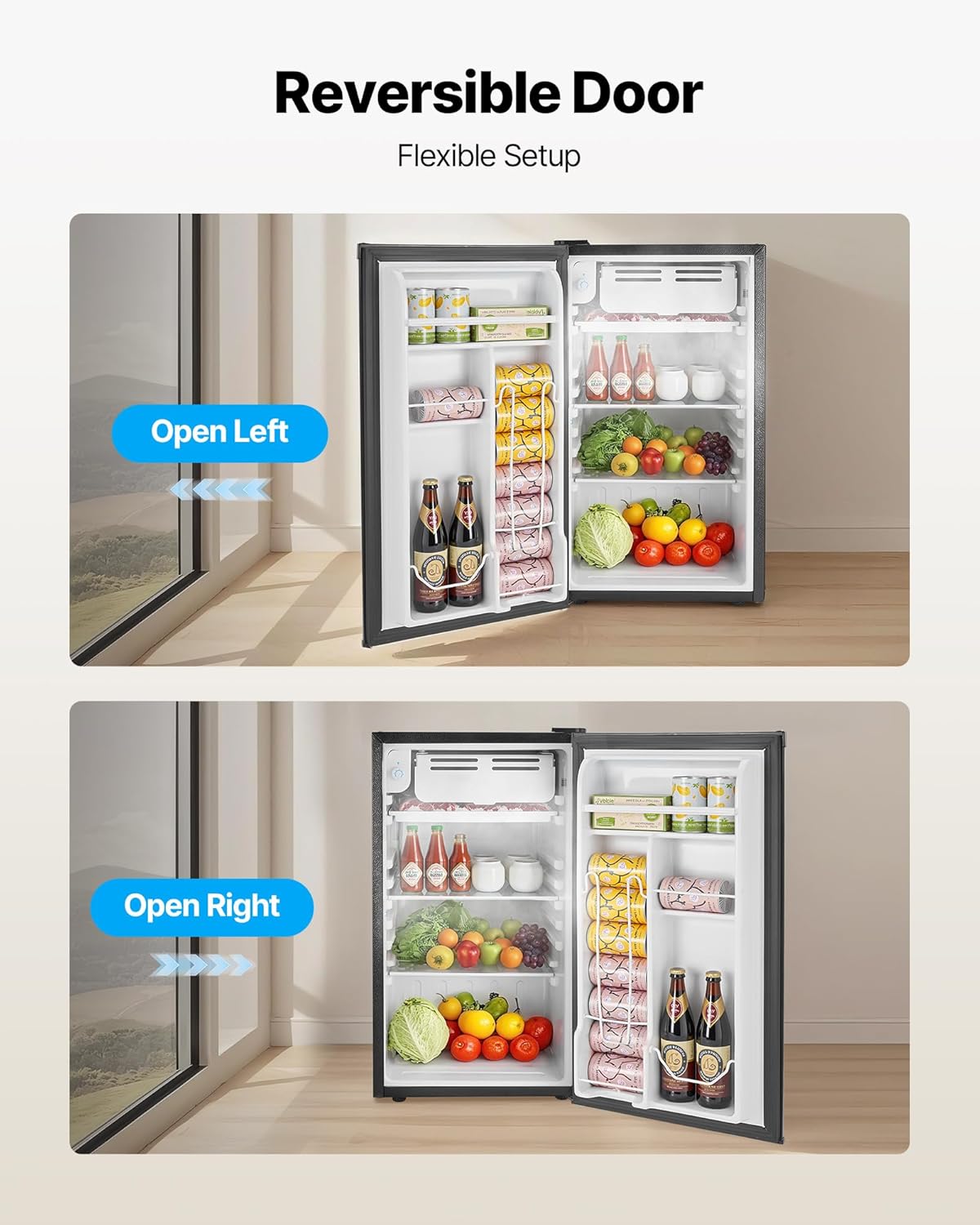 VEVOR 3.2 Cu.Ft Mini Fridge with Freezer, Single Door Compact Refrigerator with Micron Freezer Zone, 7-Mode Adjustable Temp, Energy Efficient Dorm Fridge, Reversible Door, Low Noise, Brushed Steel