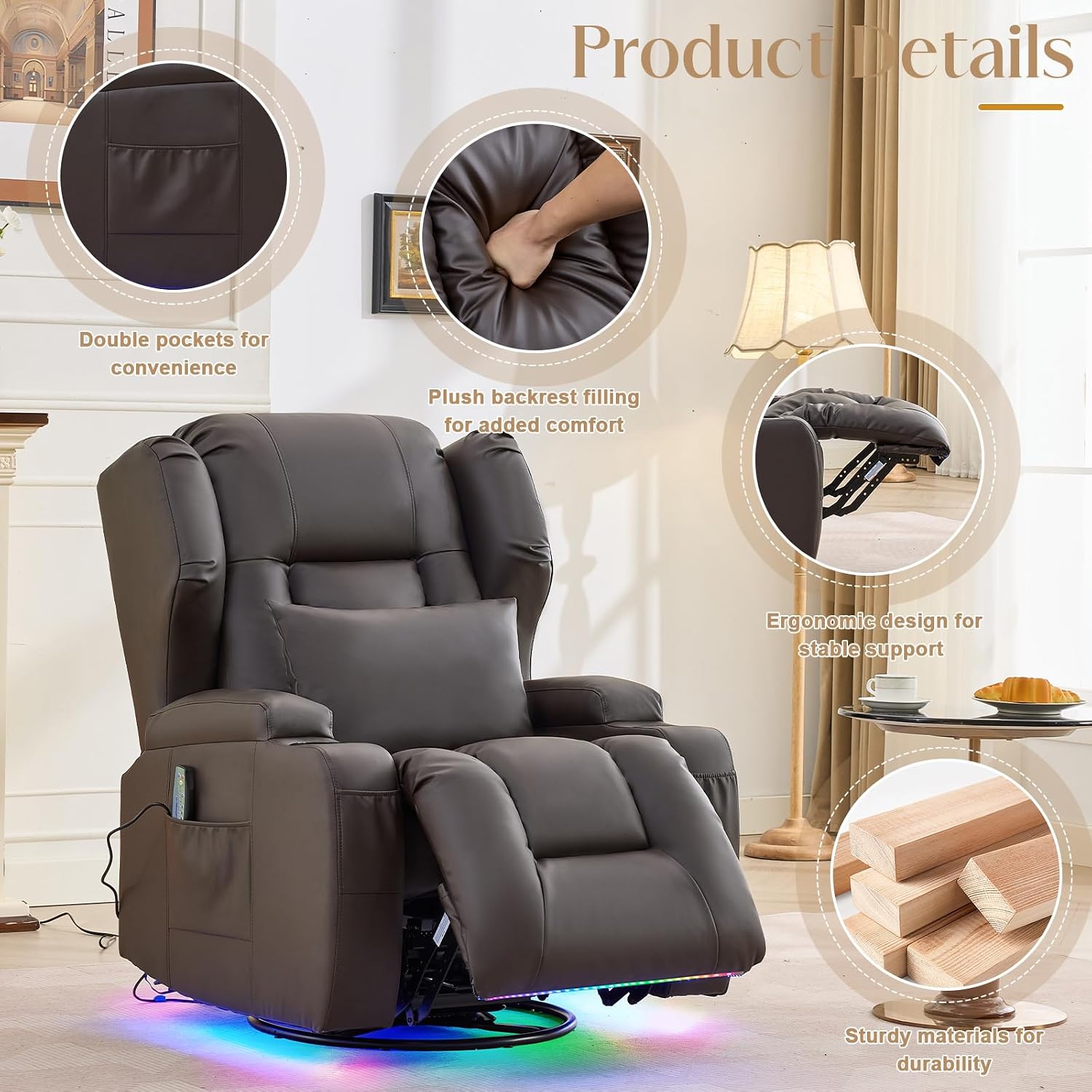 Power Swivel Rocker Recliner Chair with Massage & Heat, Dual Motor Electric Glider Rocking Recliner with USB Ports, Cup Holders & LED Light for Living Room, Home Theater (Brown PU)