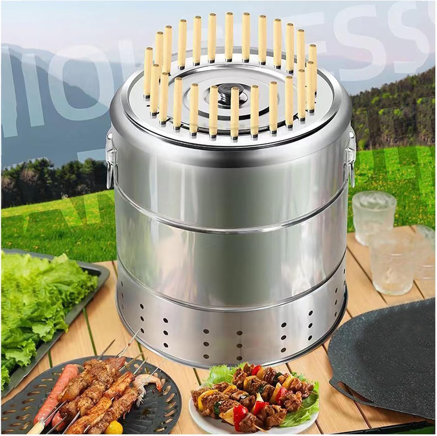 Stainless Steel Barbecue Grill Household Smokeless Hanging Grill Round Barbecue Fireplace Detachable Design Outdoor Charcoal Grill Suitable for Patio, Camping Barbecue