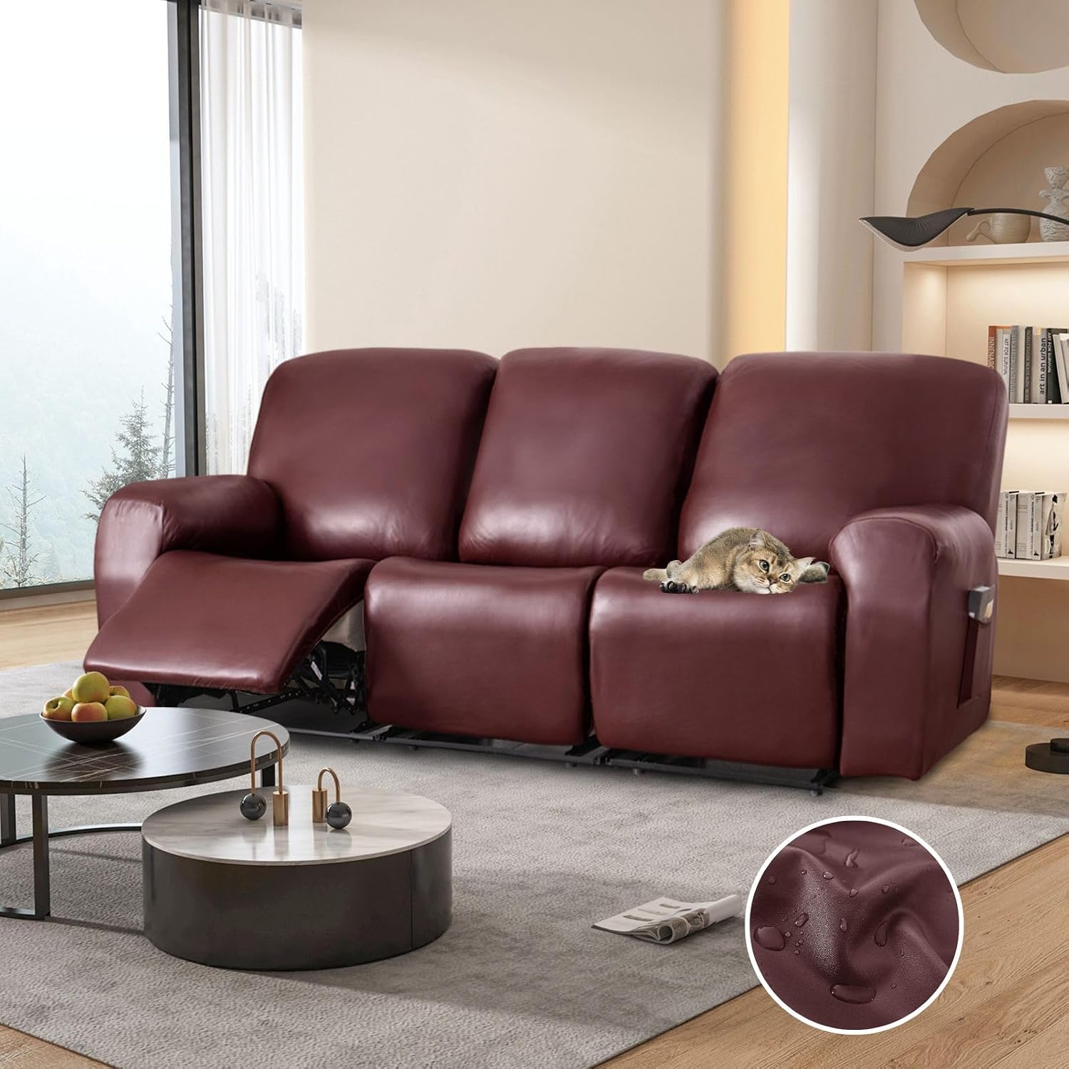 100% Waterproof PU Leather Sofa Slipcovers 8-Pieces Stretch Reclining Couch Covers for 2 Seat Anti-Slip Elastic Strap Furniture Protector for Kids, Pets (Wine Red, 3 Seater)