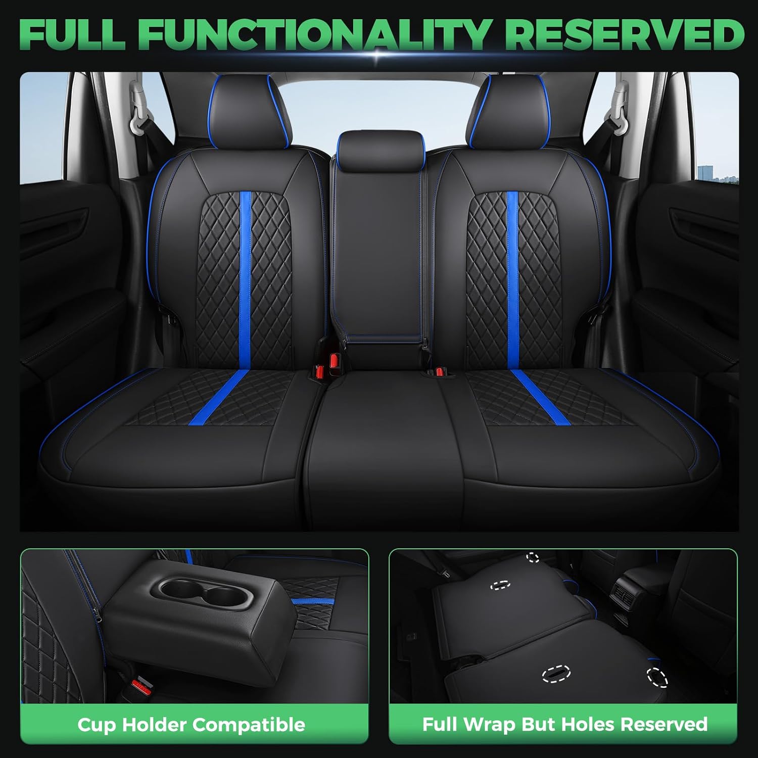 for Honda HRV Seat Covers 2016-2018 EX EX-L & 2016-2022 LX, Custom Fit Car Seat Cover Full Set, Luxury Leather HR-V Seat Protectors, Waterproof SUV Cushions Accessories, Black with Blue Trim