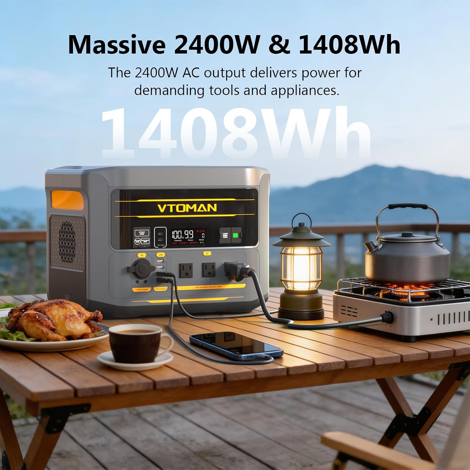VTOMAN FlashSpeed 2400 Portable Power Station With 2x 200WPro solar panel, 1408Wh LiFePO4 (LFP) Battery, Full Charge in 58 Min,2400W(Peak 3200W) Solar Generator for Home Backup Power, Camping & RVs
