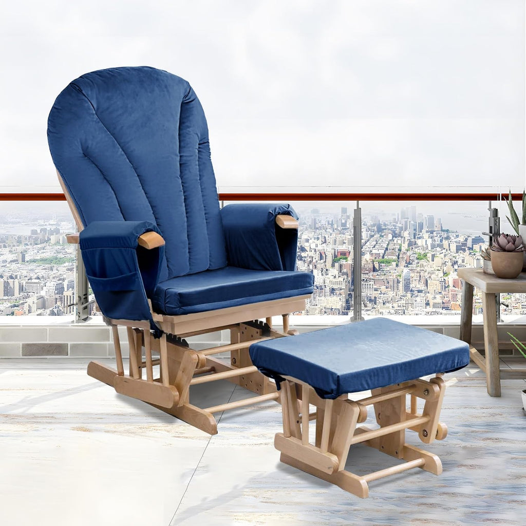 ANMINY 5pcs Glider Rocker Replacement Cushions Set Pack of 2 - Thickened Velvet Glider Rocking Chair Cushions with 29 inch High Backrest & Side Pockets for Indoor Nursery, Washable & Non Slip, Blue