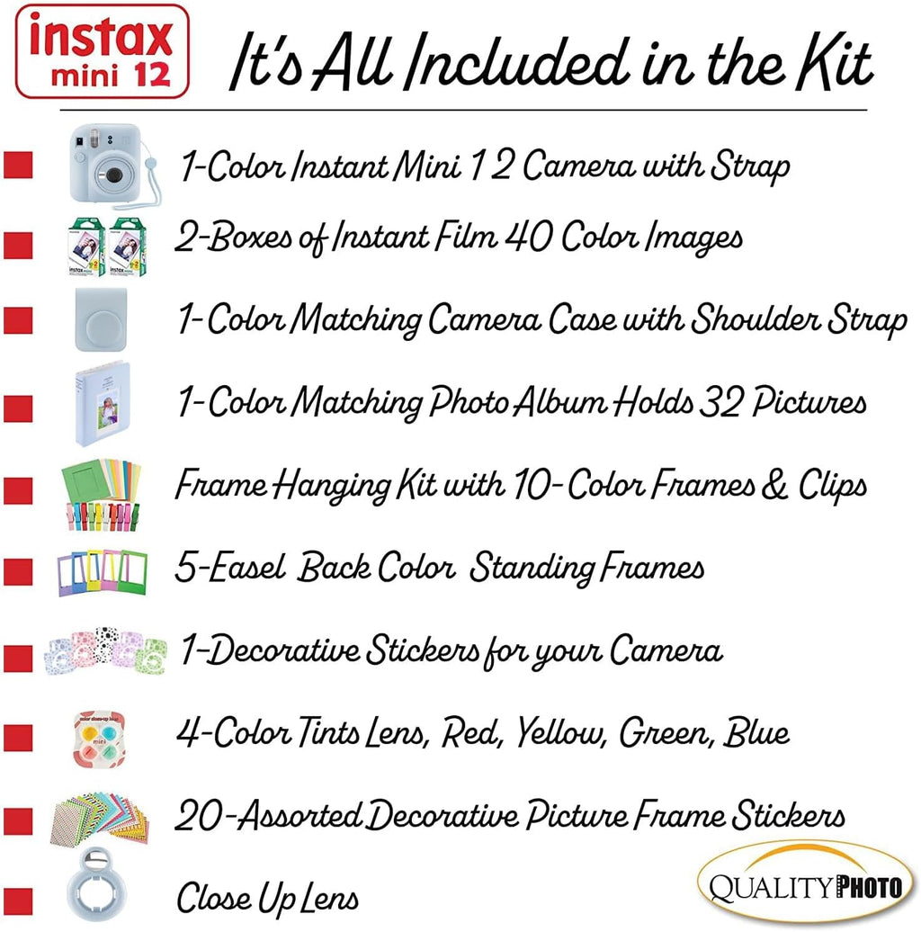 Fujifilm Instax Mini 12 Instant Camera + 40 Photo Prints + Quality Photo Value Bundle, Case, Decoration Stickers, Frames, Photo Album, (Pastel Blue)
