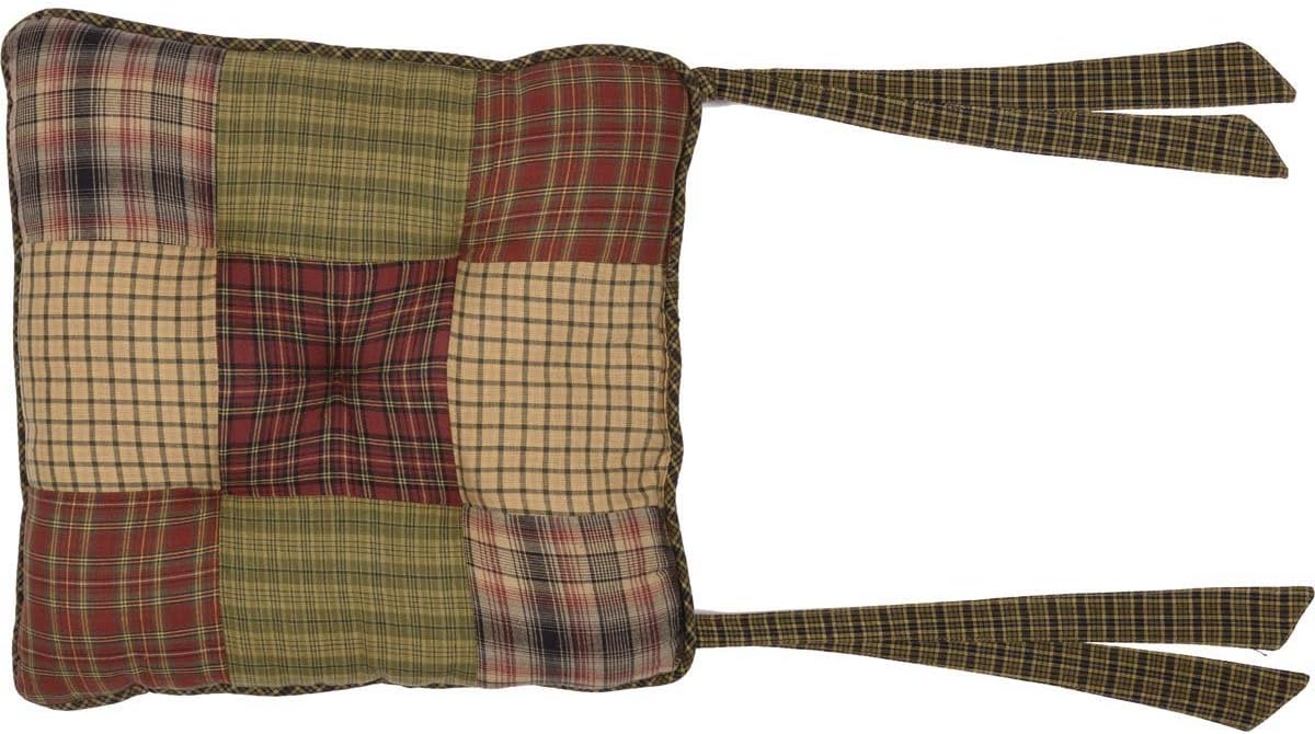 VHC Brands Tea Cabin Chair Pad Patchwork Log Cabin Country Rustic Lodge Design, Moss Green and Deep Red, Set of 8
