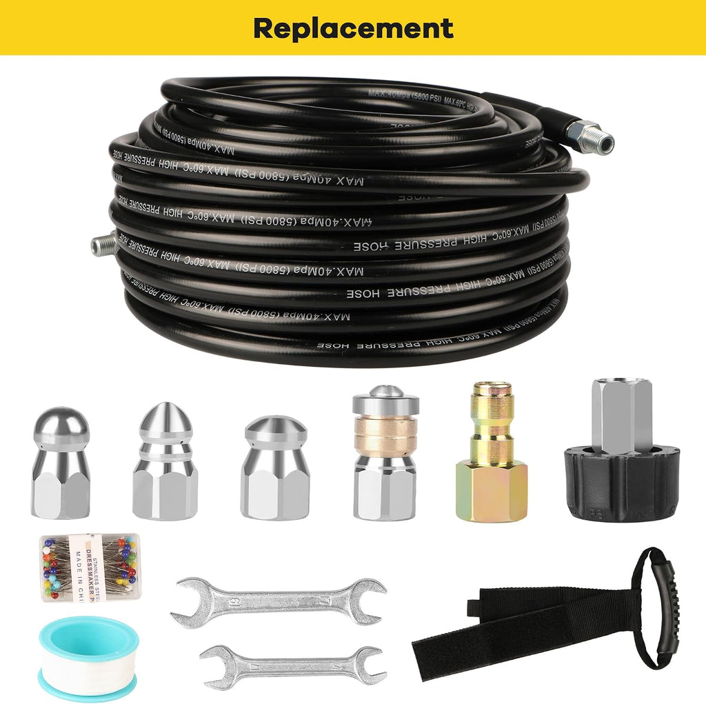 Pressure Washer Drain Jetter – Sewer Jetter Kit for Pressure Washer 200ft 1/4 Inch NPT Hose Nozzles and Adapter 5800PSI Clears Clogs in Pipes & Sewer Lines