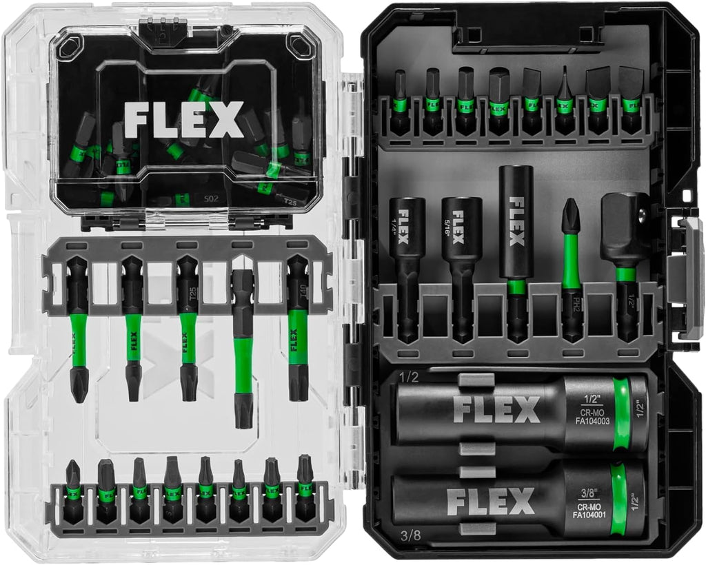 Bundle of FLEX 24V Brushless Cordless 6-Tool Combo Kit: Hammer Drill, Hex Impact Driver, Circular Saw, Multi-Tool, Reciprocating Saw, Work Light+ 45-Piece Impact Driver Bit Set