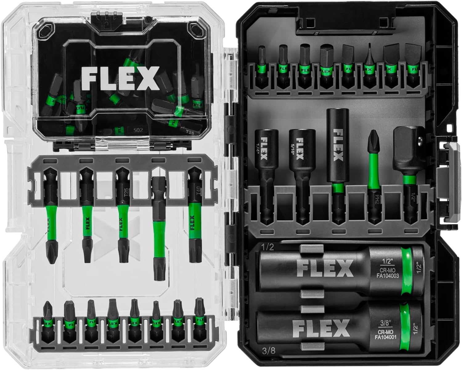 Bundle of FLEX 24V Brushless Cordless 6-Tool Combo Kit: Hammer Drill, Hex Impact Driver, Circular Saw, Multi-Tool, Reciprocating Saw, Work Light+ 45-Piece Impact Driver Bit Set