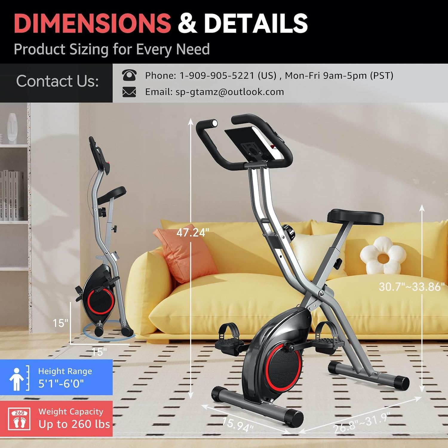 Indoor Exercise Bike Stationary Bikes for Home with 16-Level Magnetic Resistance, Lightweight Foldable Cycling Bike with 70% Pre-Assembled, 260 LBS Capacity, Flywheel of 5.5 LBS for Quiet Home Workout