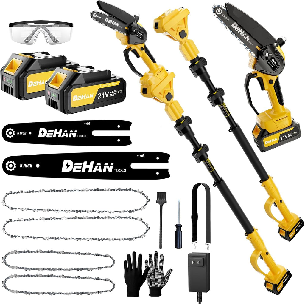 4-in-1 Electric Pole Saw for Tree Trimming, 6 Inch and 8 Inch Cordless Chainsaw with 2×4.0 Ah Batteries, Mini Chainsaw Cordless with Extension Pole, Battery Powered Pole Chain Saw for Branch Cutter