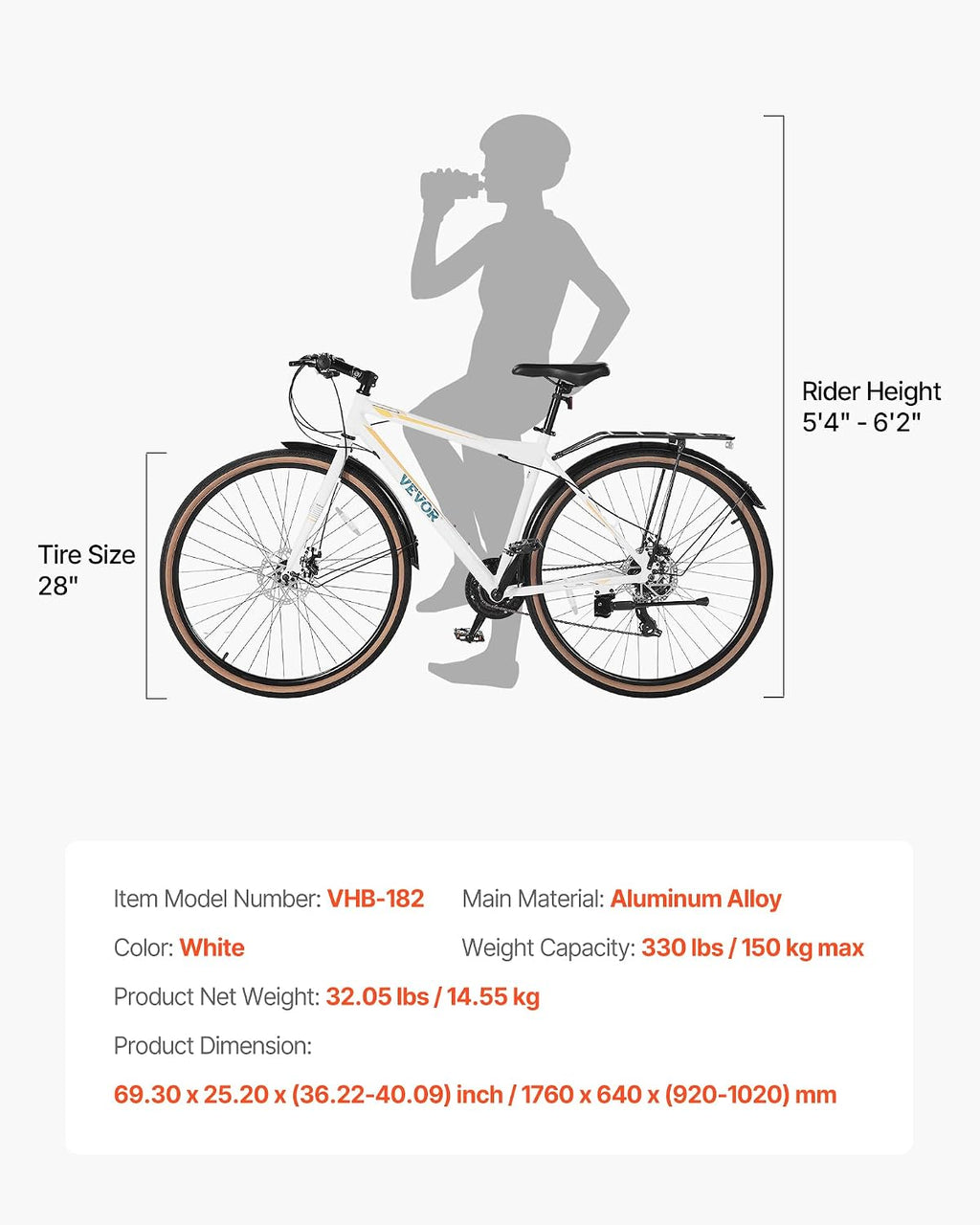 VEVOR Hybrid Bike, Lightweight Aluminum Frame Bike, 700c Wheel Men Women Hybrid Bicycle, Step-Over/Step-Through Adult Urban City Commuter Bikes, with 7/24 Speed, Alloy Adjustable Stem and Seat