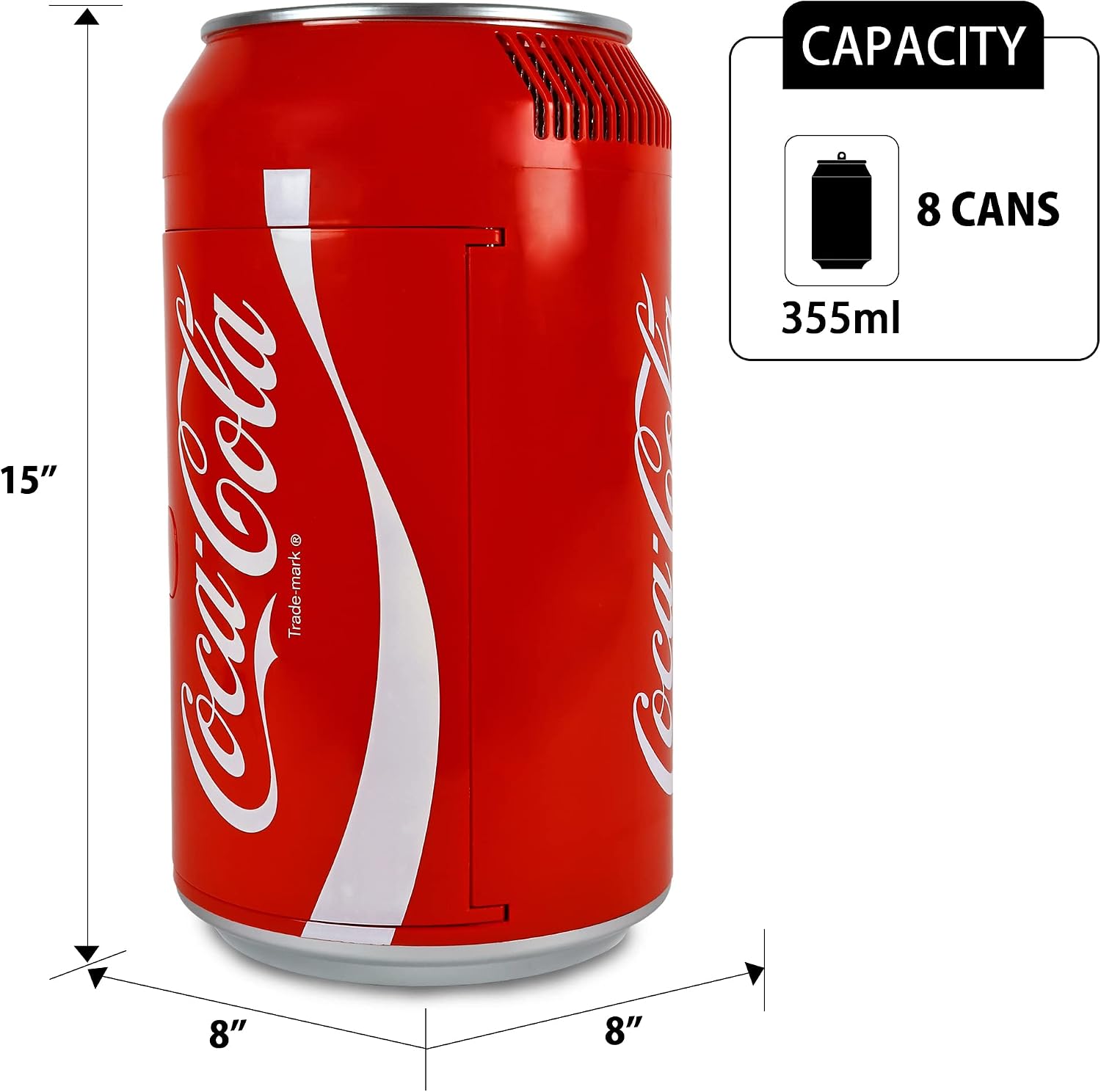 Coca-Cola 8 Can Portable Mini Fridge, 5.4L (5.7 qt) Compact Personal Travel Fridge for Snacks Lunch Drinks Cosmetics, Includes 12V and AC Cords, Cute Desk Accessory for Home Office Dorm Travel, Red