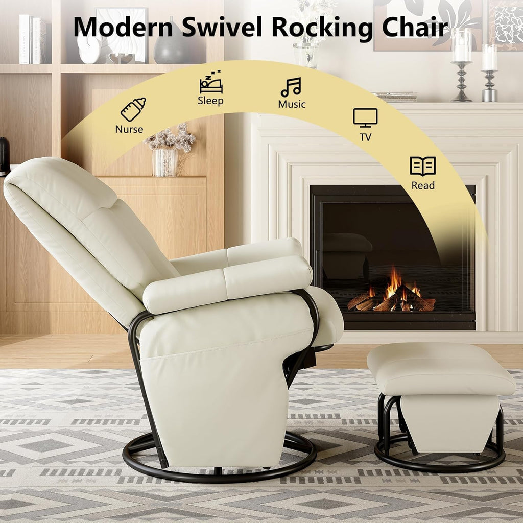 AODAILIHB 360° Swivel Glider Recliner with Ottoman, Nursing Glider Rocking Chair with Foot Rest & 2 Side Pockets for Nursery, Living Room, Bedroom, Office, White