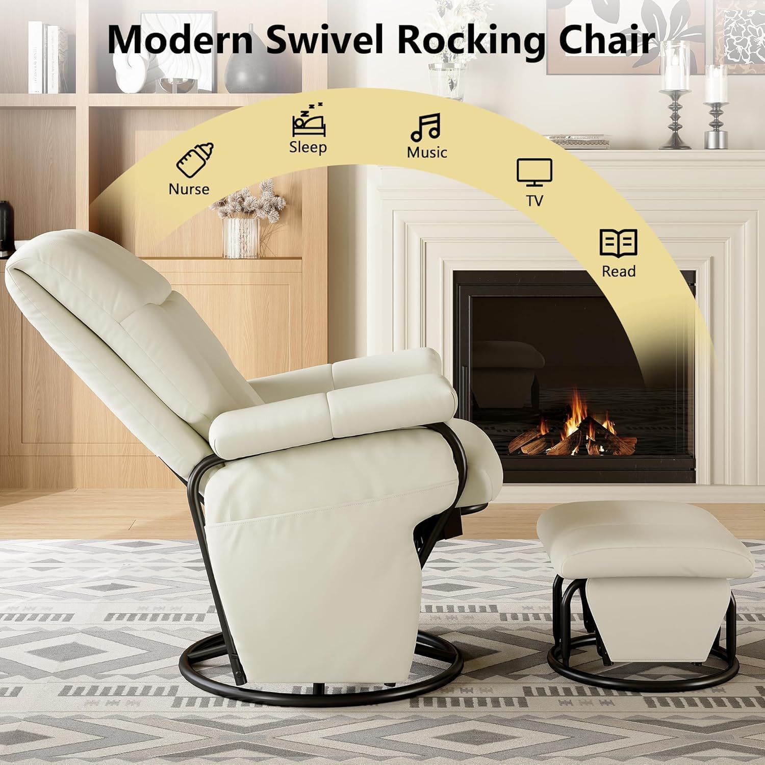 AODAILIHB 360° Swivel Glider Recliner with Ottoman, Nursing Glider Rocking Chair with Foot Rest & 2 Side Pockets for Nursery, Living Room, Bedroom, Office, White