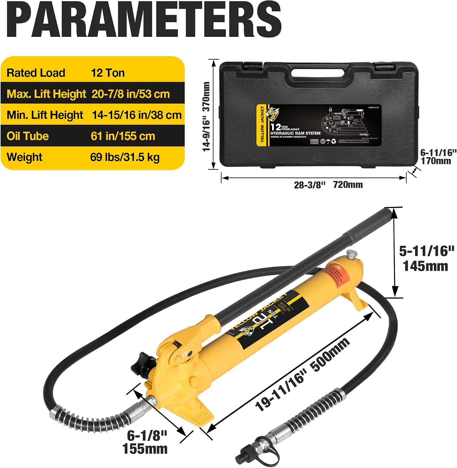 YELLOW JACKET 12 ton Porta Power Kit Hydraulic Ram Jack Pusher Puller Auto Body Frame Repair Tool with Blow Mold Carrying Storage Case for Car Repair,Truck,Farm