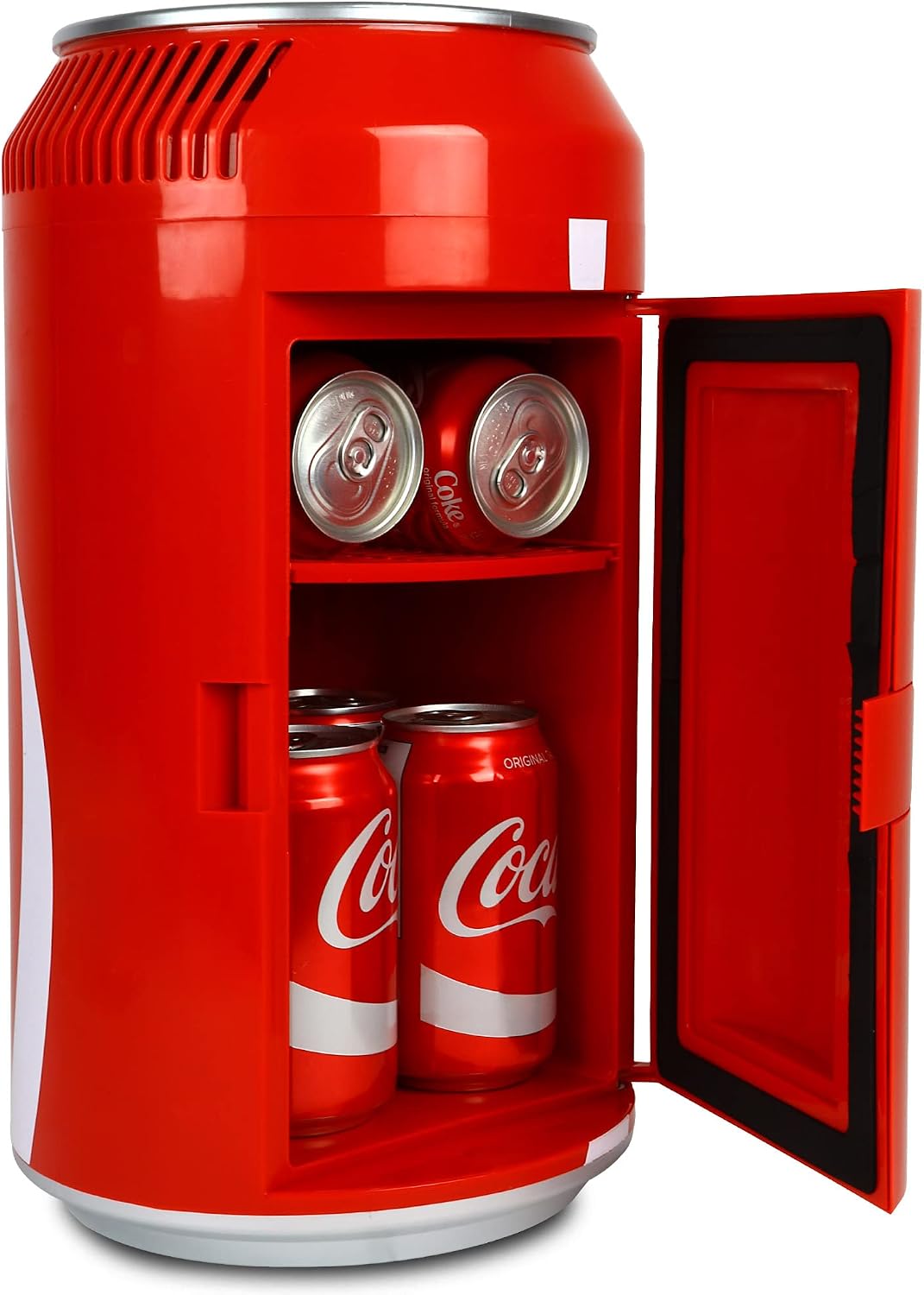 Coca-Cola 8 Can Portable Mini Fridge, 5.4L (5.7 qt) Compact Personal Travel Fridge for Snacks Lunch Drinks Cosmetics, Includes 12V and AC Cords, Cute Desk Accessory for Home Office Dorm Travel, Red