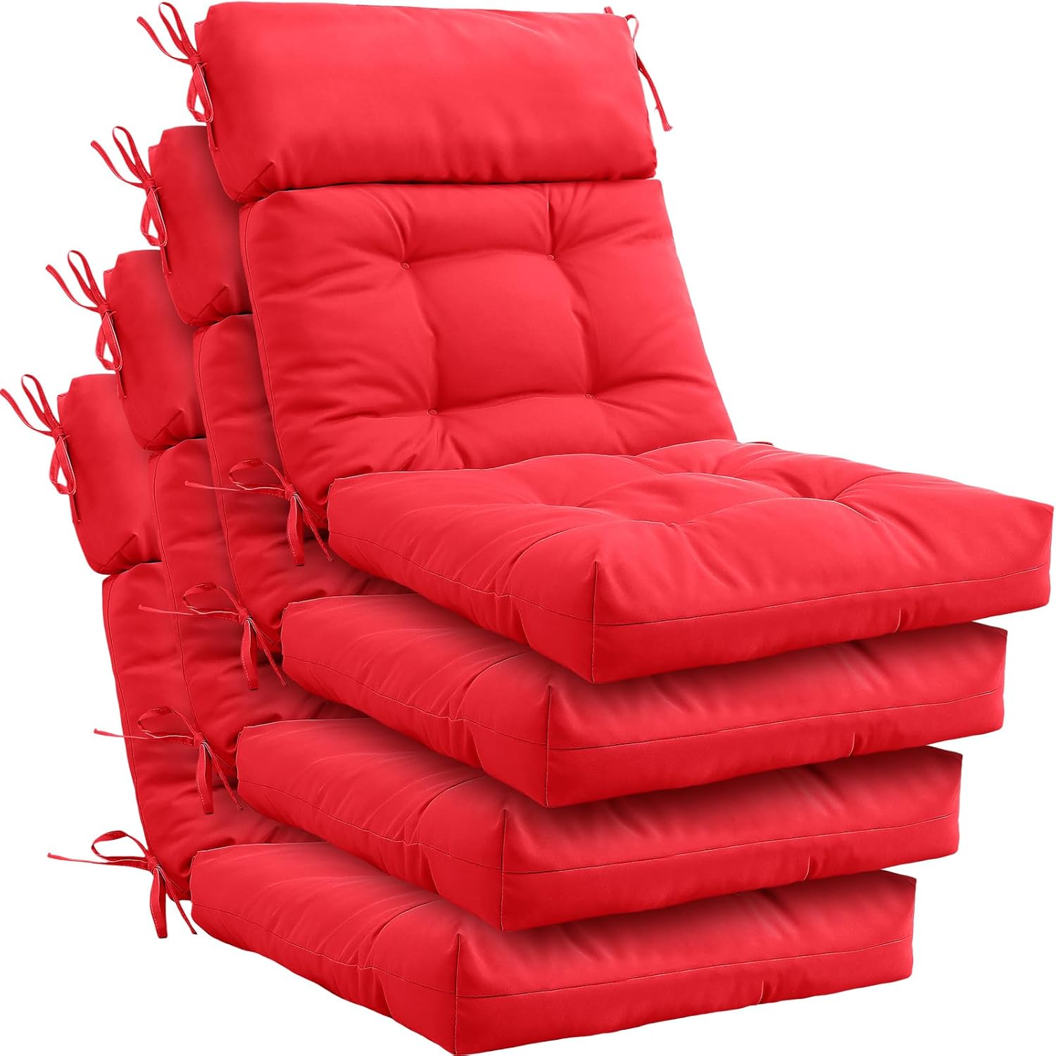 Barydat 4 Pack High Back Chair Cushion Indoor Outdoor Tufted Seat and Back Chair Rocking Pads Lounge Porch Seat Cushion with Ties for Patio Furniture, 43.4 x 21 x 3.3 Inch (Red)