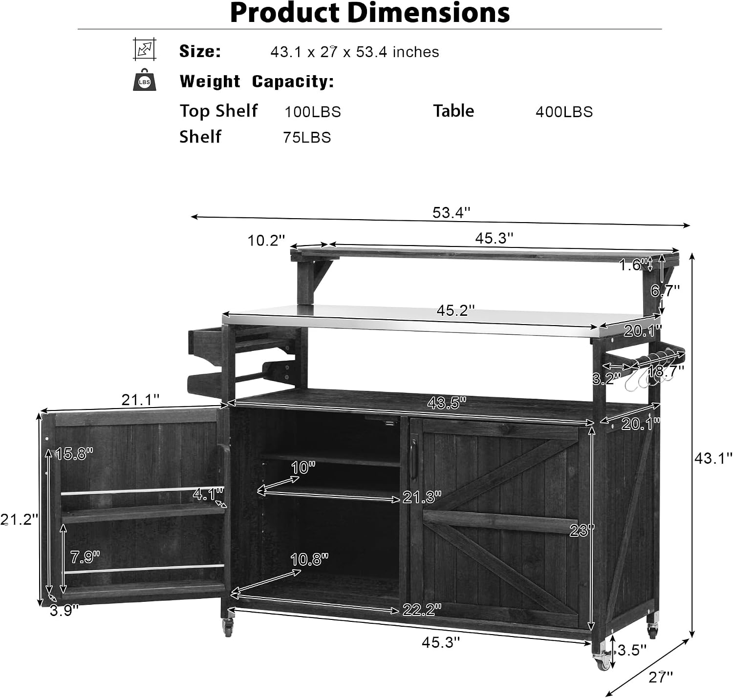 Unique 53.3' Outdoor Kitchen Island with Raised Shelf,Solid Wood Storage Cabinet with Stainless Steel Top,Rolling Grill Cart with Internal Storage Rack, Adjustable Shelf, Spice Rack (Black#e)