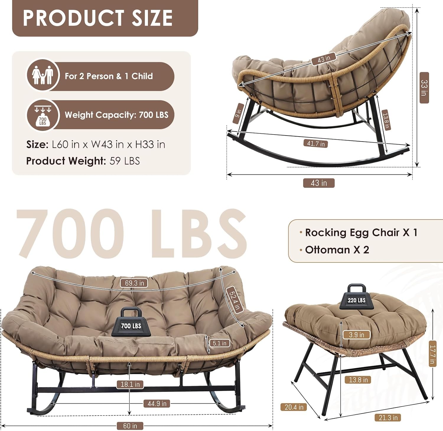 RADIATA Double Papasan Chair Outdoor with Cushion & Ottoman, 2 Person Oversized Rocking Lounge Chairs for Reading, PE Wicker, 700 lbs Heavy Duty, Comfy Loveseat Recliner for Patio Backyard Lawn Brown