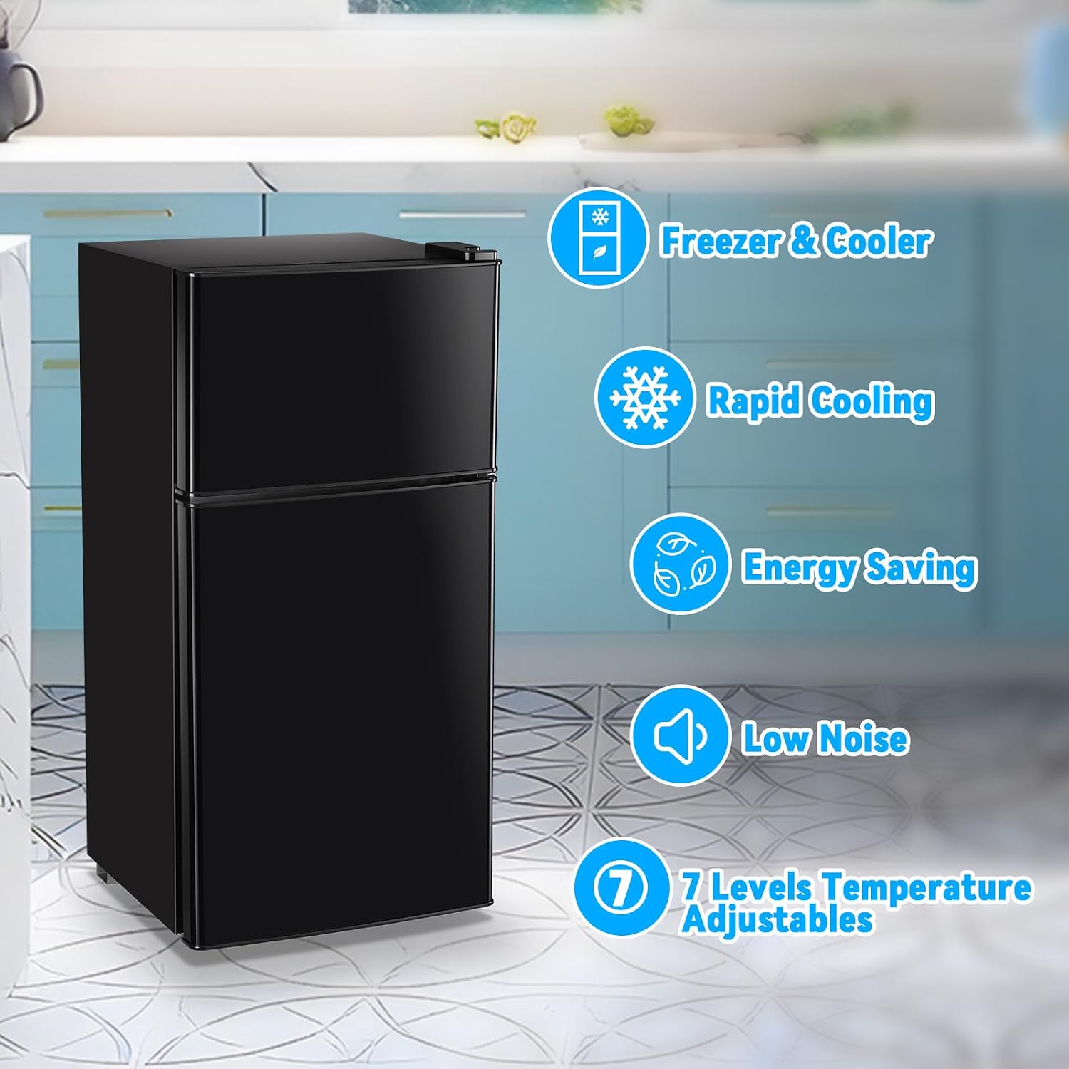 Mini Fridge with Freezer 2.4 Cu.ft Mini Refrigerator Freezer Double Doors 7 Modes Temp Suit for Apartment Bedroom Office Black