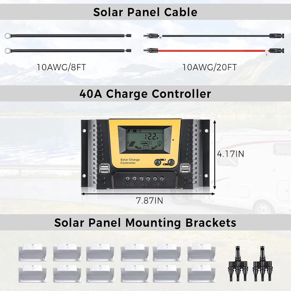 JJN Solar Panel Kit 300 Watt 12 Volt Monocrystalline Solar Panels with 40A PWM Charge Controller 2 Pair Solar Panel Cables 3 Set Z Brackets 4 Way Connector for RV Camper Marine Boat Off Grid System
