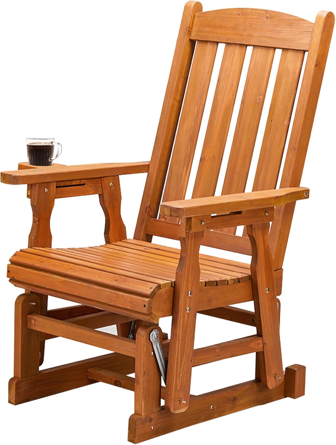 Bonnlo Outdoor Glider Chair Wood Patio Glider with Cup Holder, Porch Glider with Smooth Rocking Mechanism, Heavy Duty 600 LBS