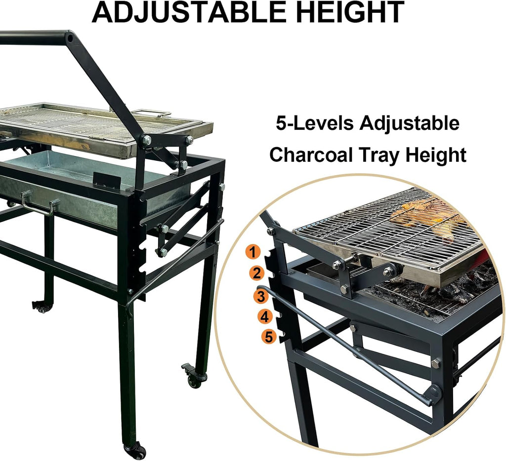 Portable Charcoal BBQ Grill,Rotating Barbecue Grill w/Stainless Steel Cooking Grids,Adjustable Charcoal Tray, for Camping, Picnic