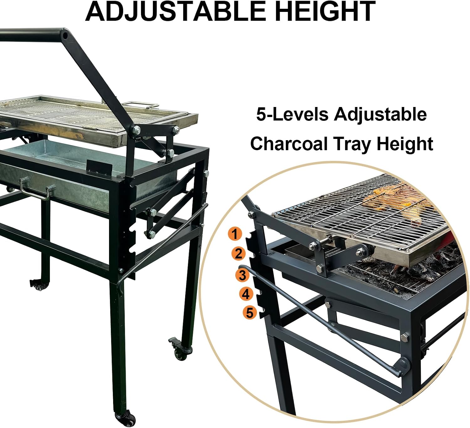 Portable Charcoal BBQ Grill,Rotating Barbecue Grill w/Stainless Steel Cooking Grids,Adjustable Charcoal Tray, for Camping, Picnic