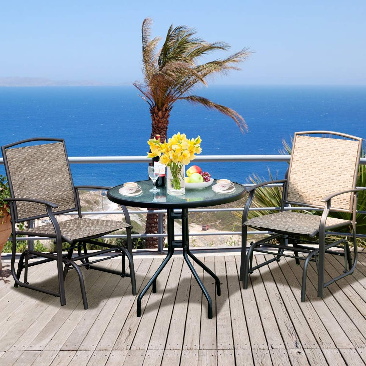Giantex 3PCS Patio Swing Glider Set with One Glass Table W/Umbrella Hole & Two Rocking Chairs 3 -Piece for Outdoor Garden, Pool, Backyard and Indoor Bistro Set