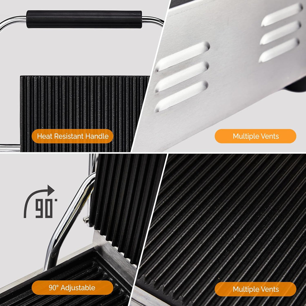 ROVSUN 813 Commercial Panini Press Grill, 3600W Stainless Steel Electric Countertop Sandwich Maker with Adjustable Temp 122°F–572°F, For Steak, Burgers, Home & Restaurant Use, 110V, Silver
