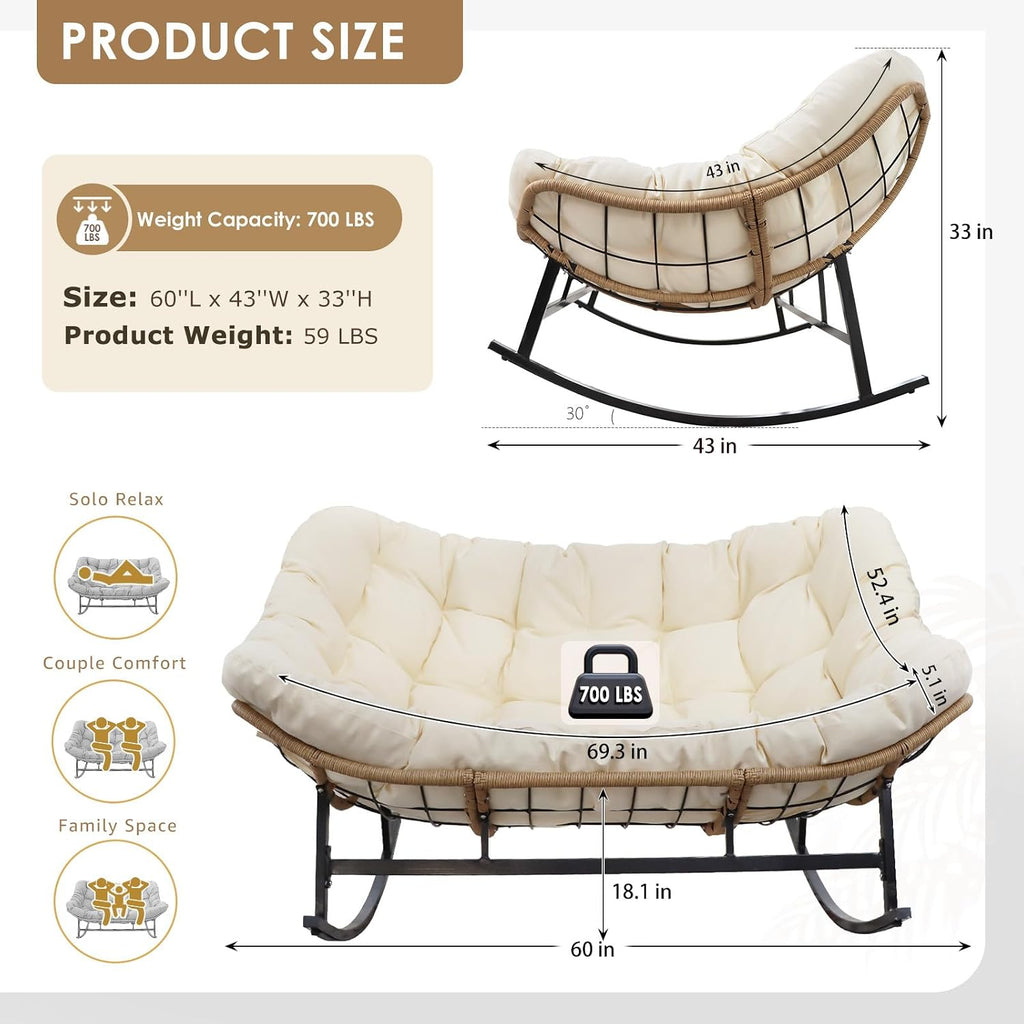 RADIATA Oversized Patio Rocking Chair for 2, Outdoor Double Papasan Chair with Cushion and Frame for Relaxing/Reading, Heavy-Duty Comfy Wicker Loveseat Recliner for Garden, Deck, Livingroom