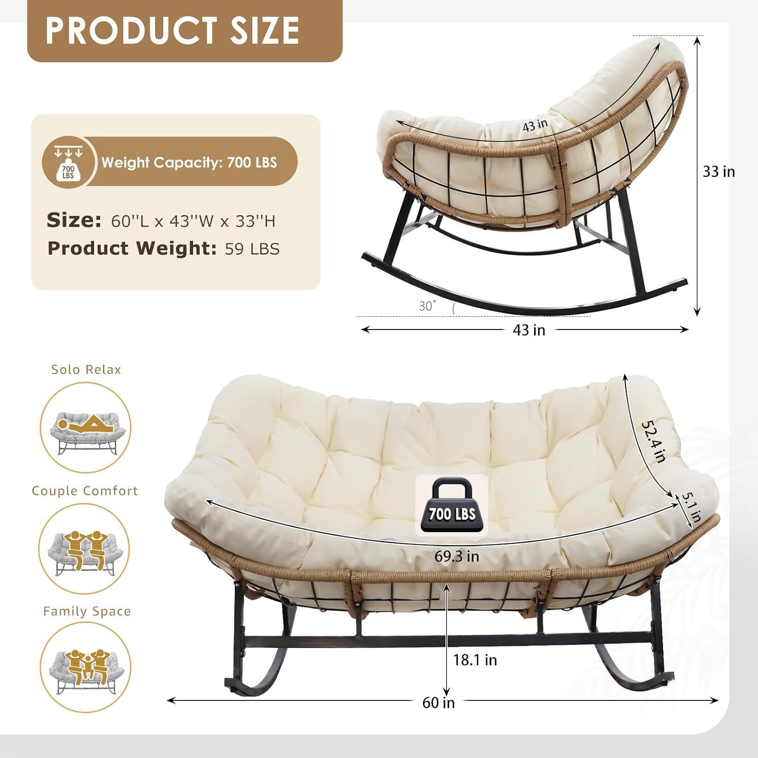 RADIATA Oversized Patio Rocking Chair for 2, Outdoor Double Papasan Chair with Cushion and Frame for Relaxing/Reading, Heavy-Duty Comfy Wicker Loveseat Recliner for Garden, Deck, Livingroom