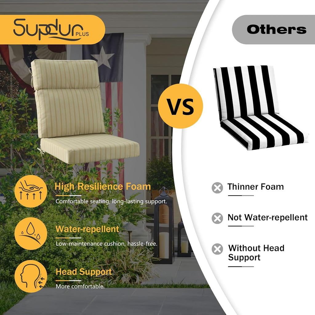 Outdoor High Back Chair Cushion, 2 Pack 44x21 inches Patio Chair Cushions Water Repellent Rocking Cushions Indoor Furniture Seat Pad, Beige Brown Stripe