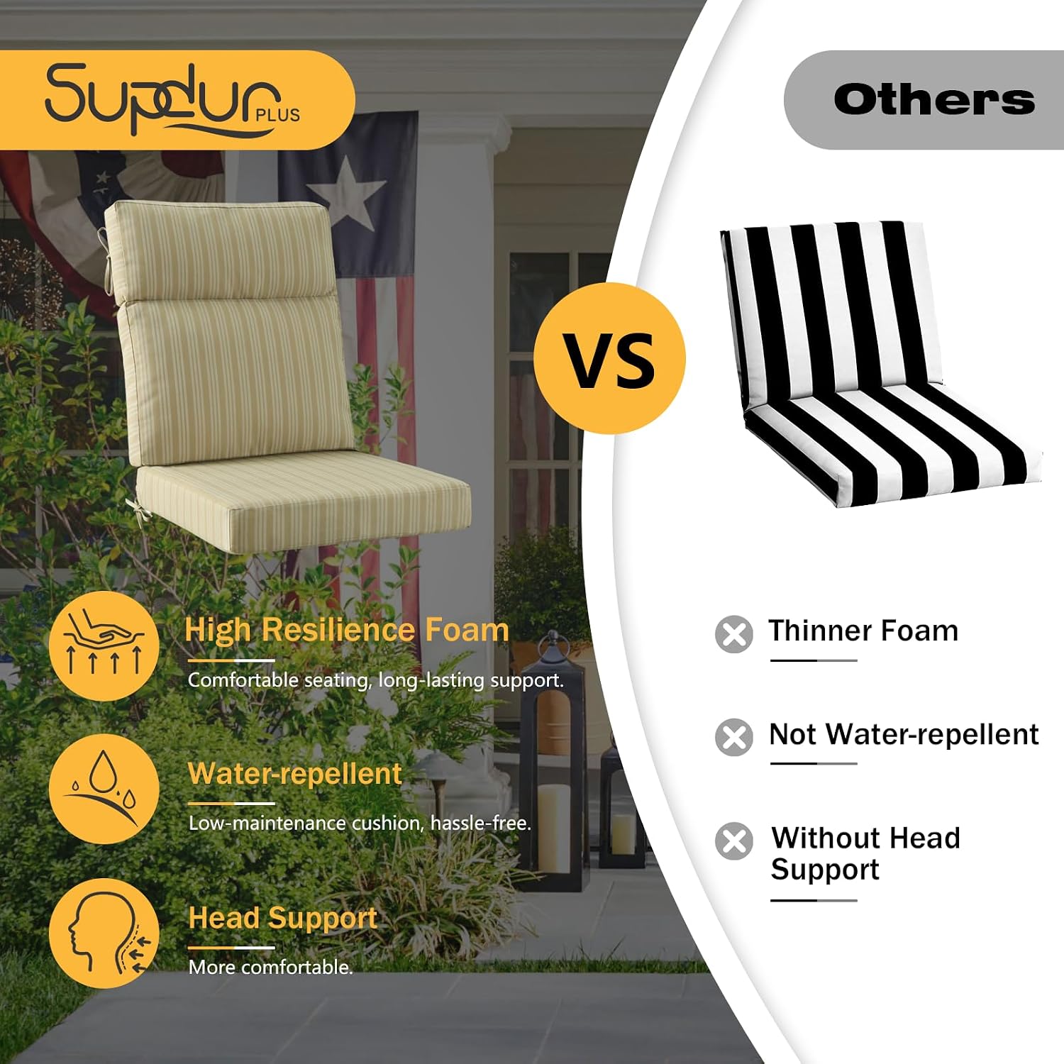 Outdoor High Back Chair Cushion, 2 Pack 44x21 inches Patio Chair Cushions Water Repellent Rocking Cushions Indoor Furniture Seat Pad, Beige Brown Stripe